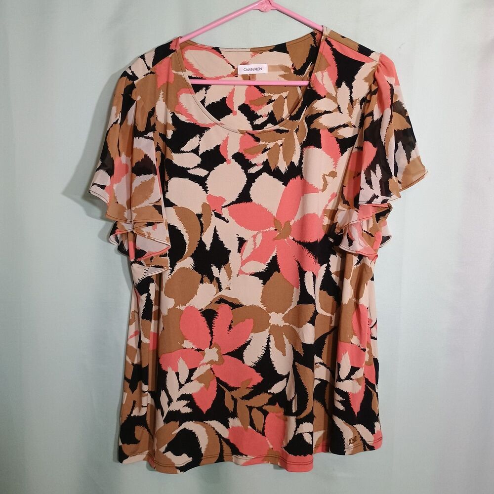 Calvin Klein Floral Blouse Coral Black Tan Flutter Sleeve Career Top